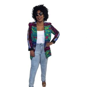 Periwinkle Blazer Vintage Floral Striped Print Open Front